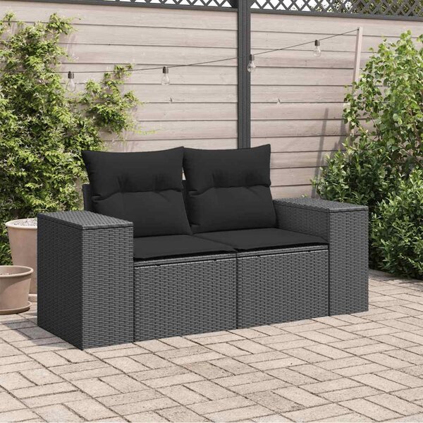 Kétszemélyes fekete polyrattan kerti kanapé párnákkal