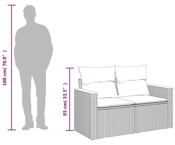 2 személyes fekete polyrattan kerti kanapé párnával