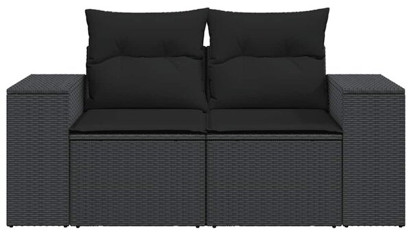 Kétszemélyes fekete polyrattan kerti kanapé párnákkal