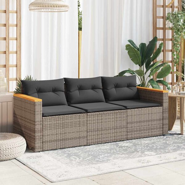 3 személyes szürke polyrattan kerti kanapé párnával