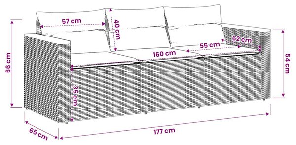 3 személyes szürke polyrattan kerti kanapé párnával