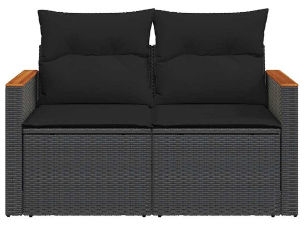 Kétszemélyes fekete polyrattan kerti kanapé párnákkal