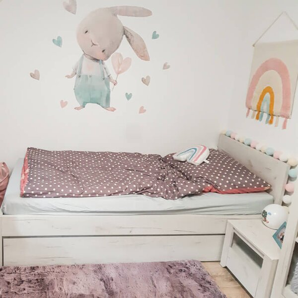 INSPIO - átragasztható textil matrica - Öntapadós falmatrica gyerekszobába - Akvarell nyuszi szívecskével