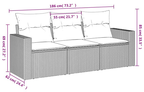 3 részes fekete polyrattan kerti ülőgarnitúra párnával