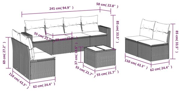 9 részes fekete polyrattan kerti ülőgarnitúra párnákkal