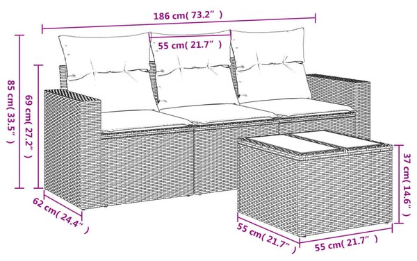 4 részes fekete polyrattan kerti ülőgarnitúra párnákkal
