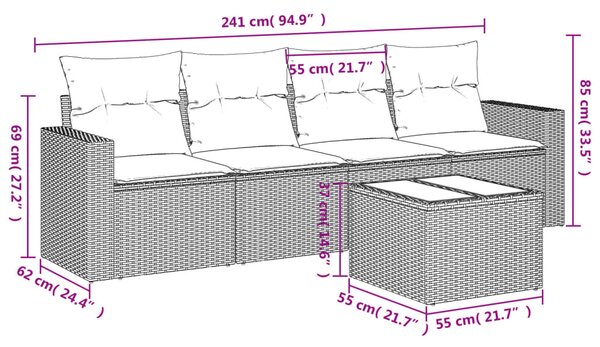 5 részes világosszürke polyrattan kerti ülőgarnitúra párnákkal