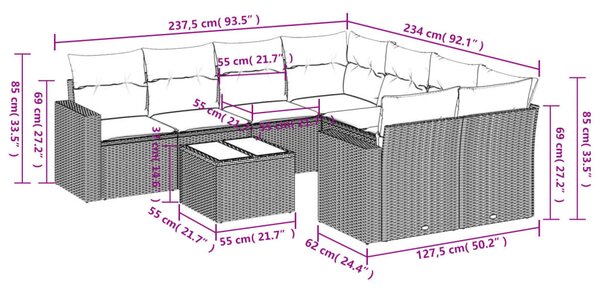 9 részes fekete polyrattan kerti ülőgarnitúra párnákkal