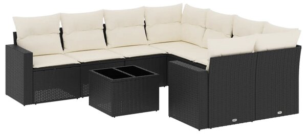 9 részes fekete polyrattan kerti ülőgarnitúra párnákkal
