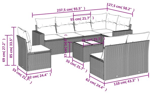 9 részes fekete polyrattan kerti ülőgarnitúra párnákkal
