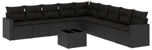 10 részes fekete polyrattan kerti ülőgarnitúra párnákkal