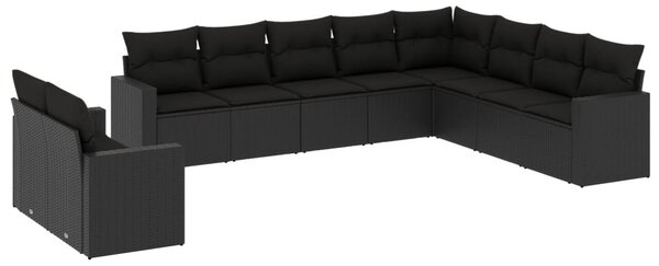 10 részes fekete polyrattan kerti ülőgarnitúra párnákkal