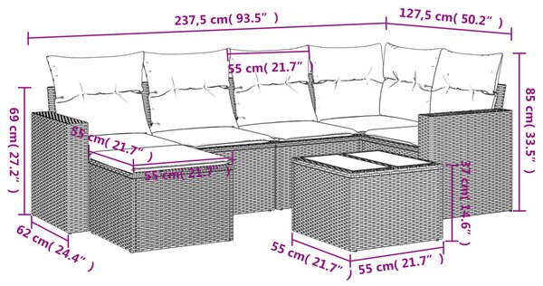 7 részes fekete polyrattan kerti ülőgarnitúra párnával