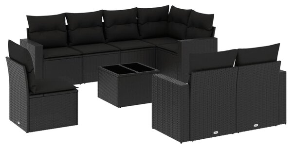 9 részes fekete polyrattan kerti ülőgarnitúra párnákkal