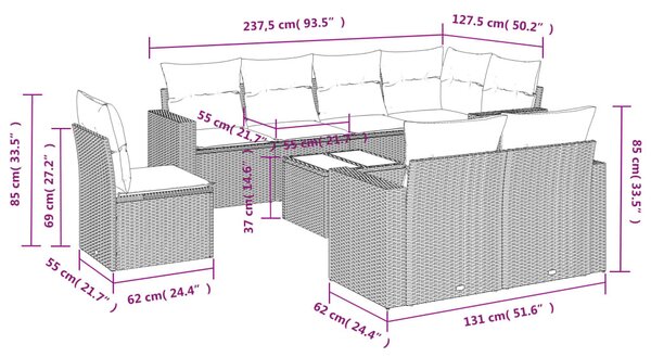9 részes szürke polyrattan kerti ülőgarnitúra párnákkal