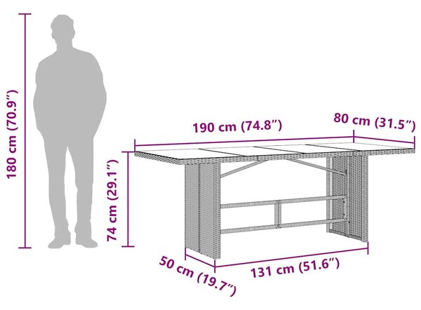 Fekete polyrattan üveglapos kerti asztal 190x80x74 cm
