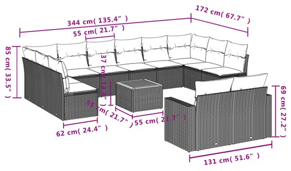 13 részes fekete polyrattan kerti ülőgarnitúra párnákkal