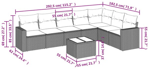 8 részes fekete polyrattan kerti ülőgarnitúra párnákkal