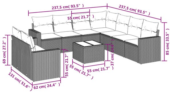 10 részes bézs polyrattan kerti ülőgarnitúra párnával