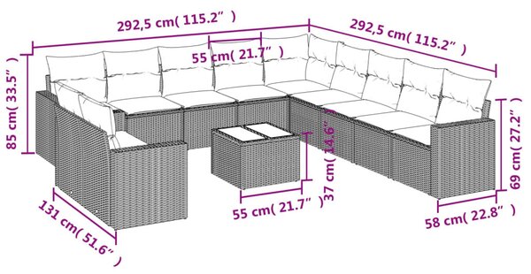 12 részes fekete polyrattan kerti ülőgarnitúra párnákkal