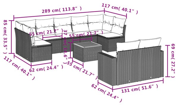 10 részes szürke polyrattan kerti ülőgarnitúra párnákkal