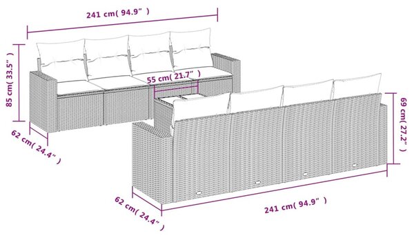 9 részes fekete polyrattan kerti ülőgarnitúra párnákkal