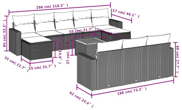 11 részes szürke polyrattan kerti ülőgarnitúra párnákkal