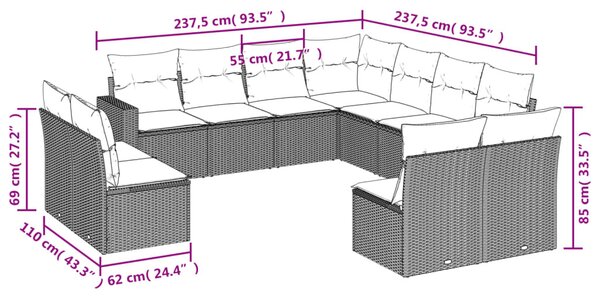 11 részes fekete polyrattan kerti ülőgarnitúra párnákkal