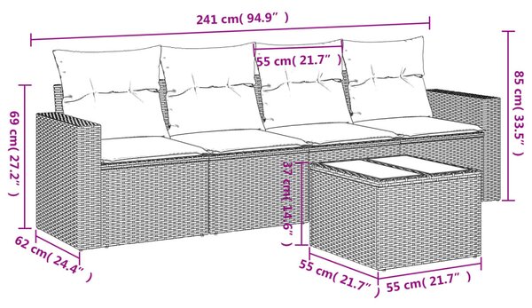 5 részes fekete polyrattan kerti kanapészett párnákkal