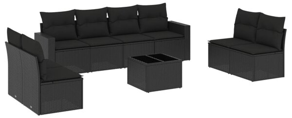 9 részes fekete polyrattan kerti ülőgarnitúra párnákkal
