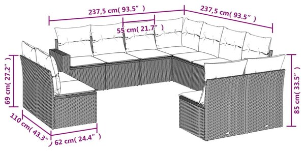 11 részes fekete polyrattan kerti ülőgarnitúra párnákkal