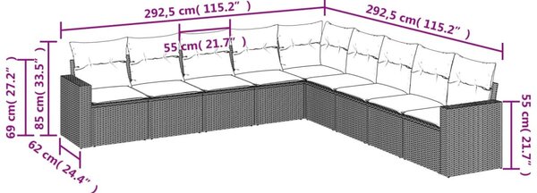 9 részes fekete polyrattan kerti ülőgarnitúra párnákkal