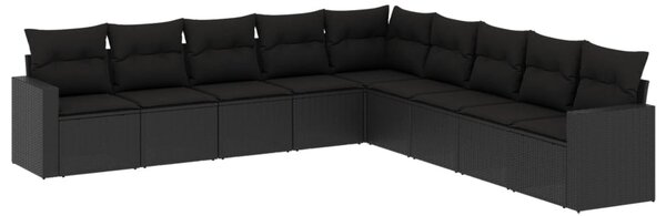 9 részes fekete polyrattan kerti ülőgarnitúra párnákkal