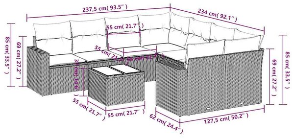 9 részes fekete polyrattan kerti ülőgarnitúra párnákkal