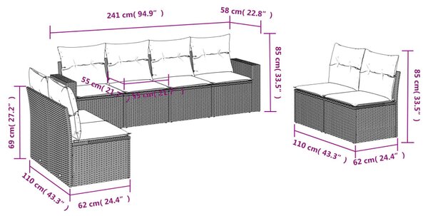 8 részes fekete polyrattan kerti ülőgarnitúra párnákkal