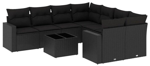 9 részes fekete polyrattan kerti ülőgarnitúra párnákkal