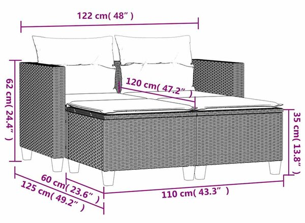 2 személyes fekete polyrattan kerti kanapé zsámollyal