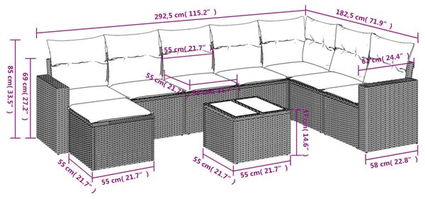 9 részes szürke polyrattan kerti ülőgarnitúra párnákkal