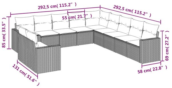 11 részes fekete polyrattan kerti ülőgarnitúra párnákkal