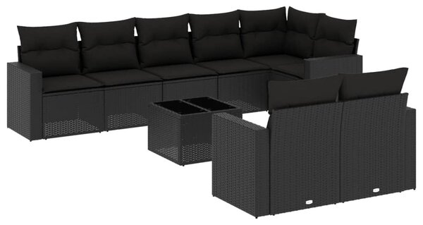 9 részes fekete polyrattan kerti ülőgarnitúra párnákkal