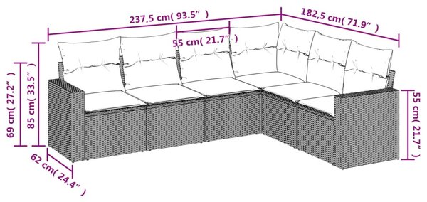6 részes fekete polyrattan kerti ülőgarnitúra párnákkal