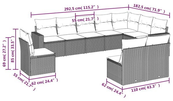 10 részes bézs polyrattan kerti ülőgarnitúra párnával