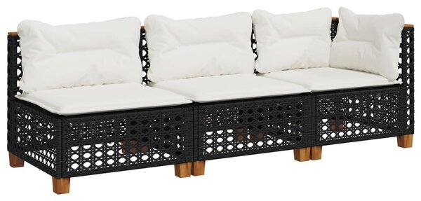 Fekete 3 személyes polyrattan kerti kanapé párnákkal