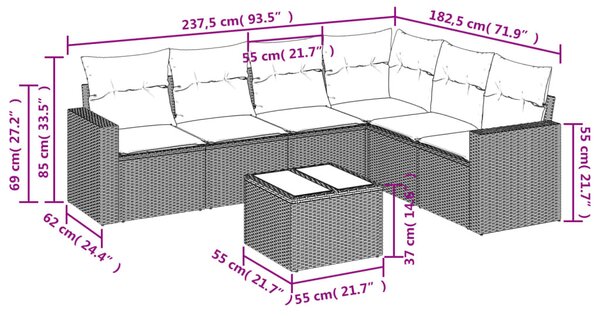 7 részes fekete polyrattan kerti ülőgarnitúra párnával
