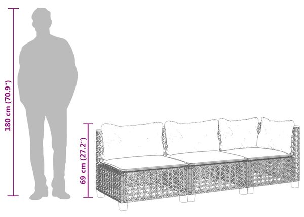 Fekete 3 személyes polyrattan kerti kanapé párnákkal