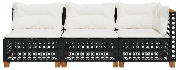 Fekete 3 személyes polyrattan kerti kanapé párnákkal
