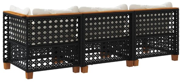 Fekete 3 személyes polyrattan kerti kanapé párnákkal