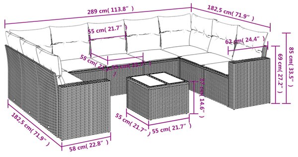 10 részes szürke polyrattan kerti ülőgarnitúra párnákkal