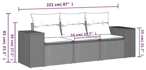3 részes fekete polyrattan kerti ülőgarnitúra párnával
