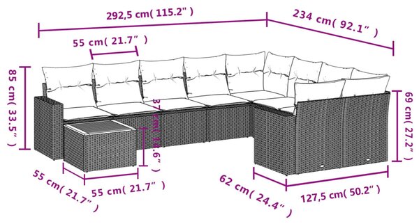 10 részes fekete polyrattan kerti ülőgarnitúra párnákkal
